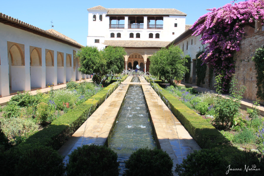 courtyard with fountains and purple flowers