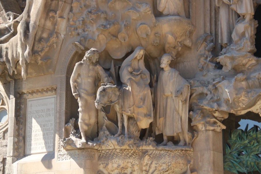 Barcelona itinerary visit Sagrada Familia see stone carved mary on donkey
