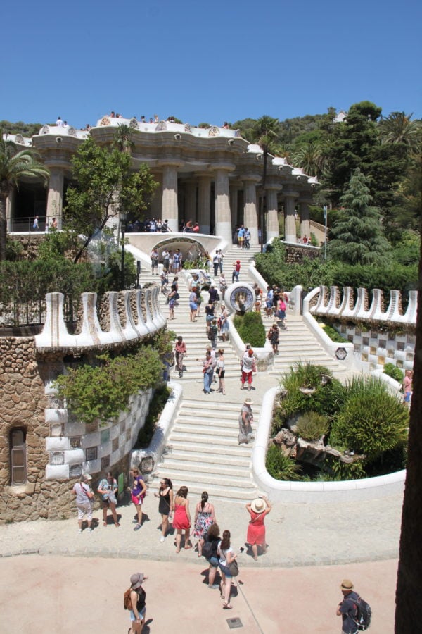 long line of white stairs at Park Guell