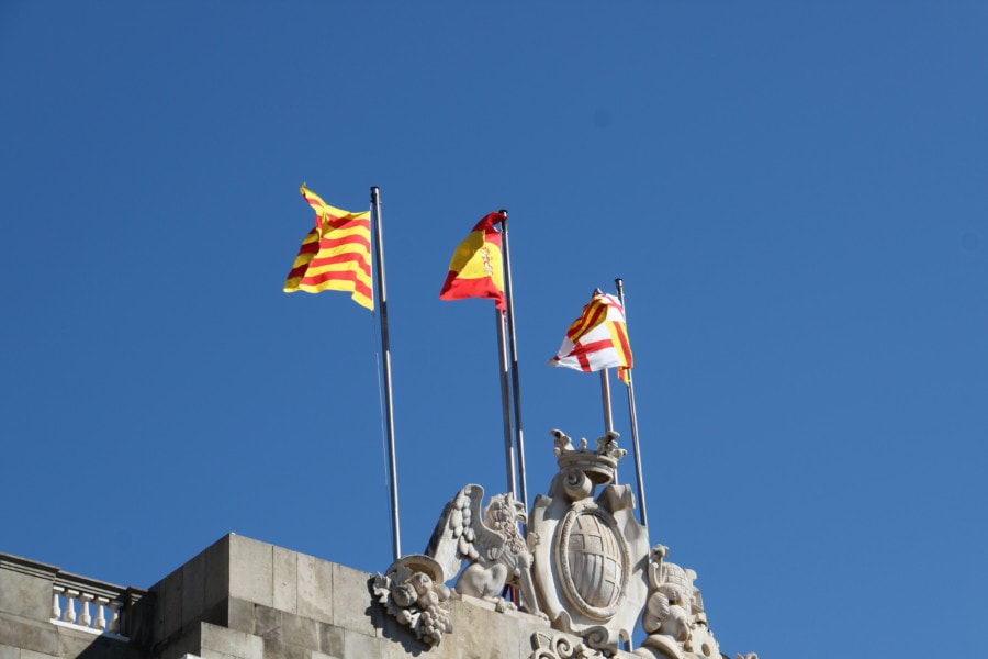 flags on government building with Catalonian flag at center