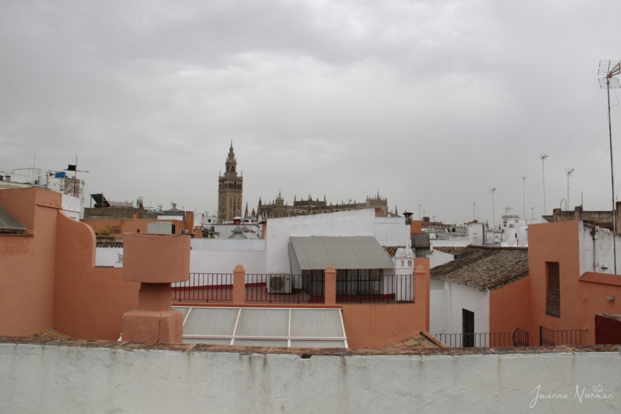 orange rooftops with Seville cathedral in distance