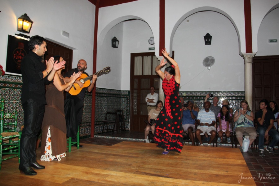 flamenco dancer and guitarists on small stage