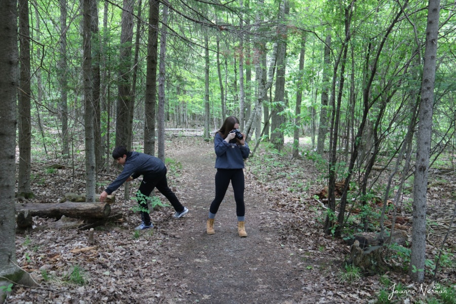 boy feeding chipmunk while girl takes photo of one on other side of path