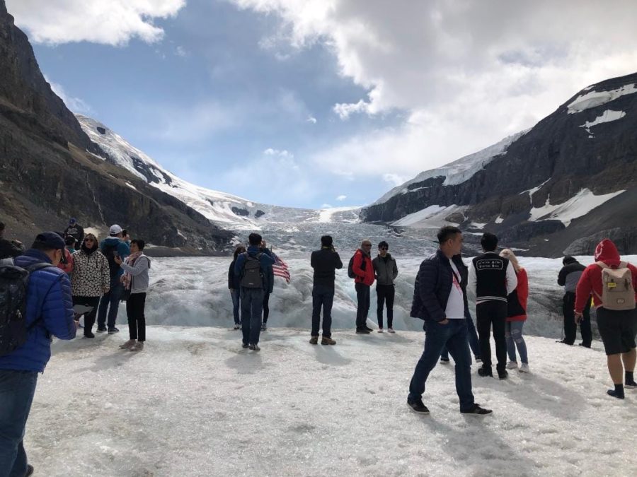 people standing on ice fields
