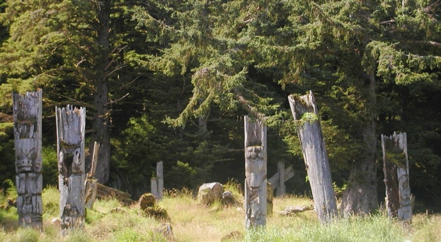 totem poles in forest