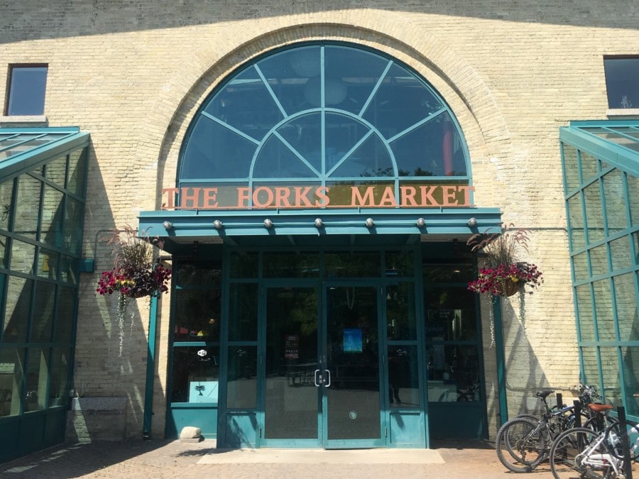 glass entrance to Forks Market Winnipeg