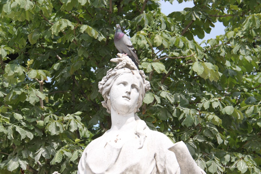 white statue with bird on head