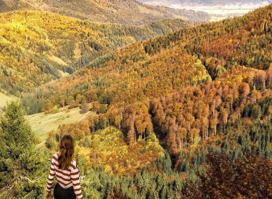 yellow mountain with girl in striped top show beautiful autumn destination in Germany