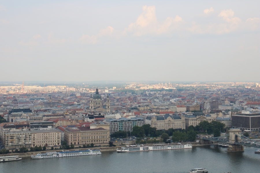 View of Danube, Chain Bridge and St. Istvan Basilica from the top of Matthias Church Budapest
