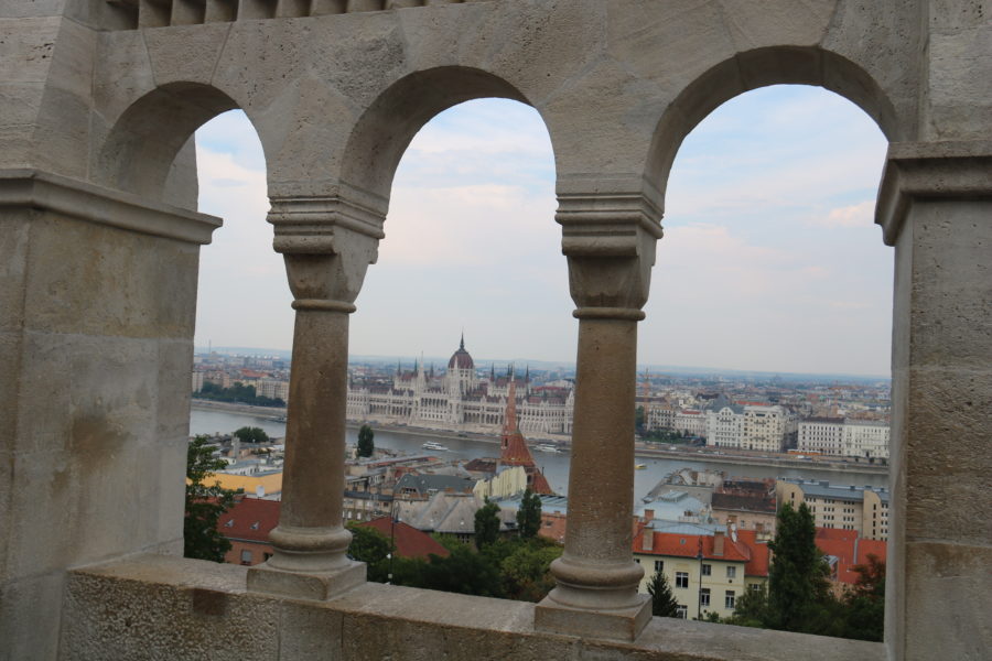 View of Parliament through three Fisherman Bastion arches