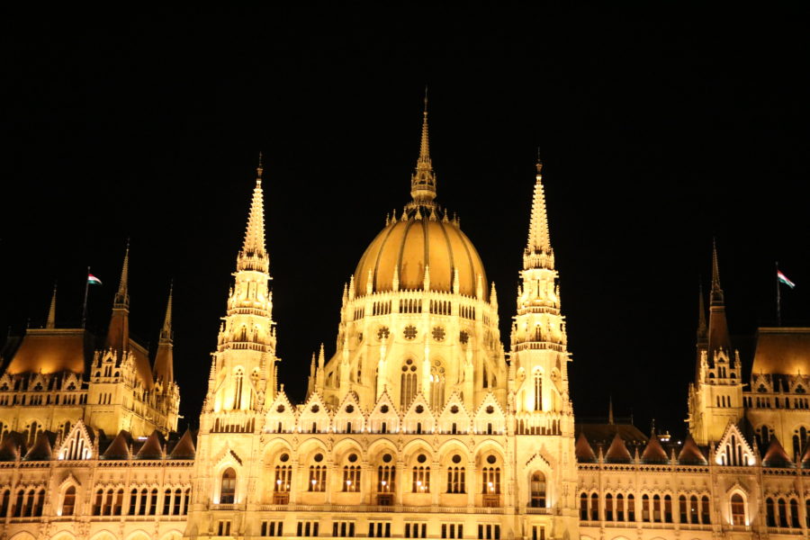 Close up of the dome of Budapest Parliament at night taken from boat is one of best views in Budapest